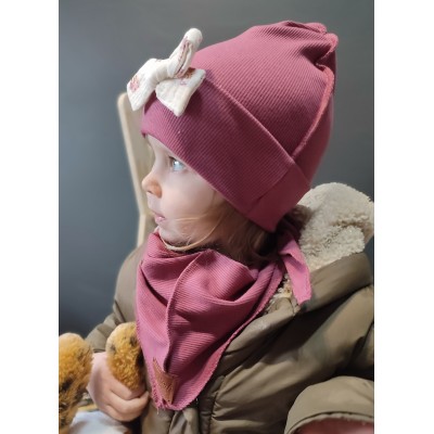 Komplet S czapka z kokardą i chusta HANDMADE dla maluszka