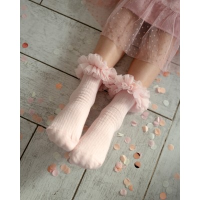 Skarpetki z tiulem biały/różowy/beżowy